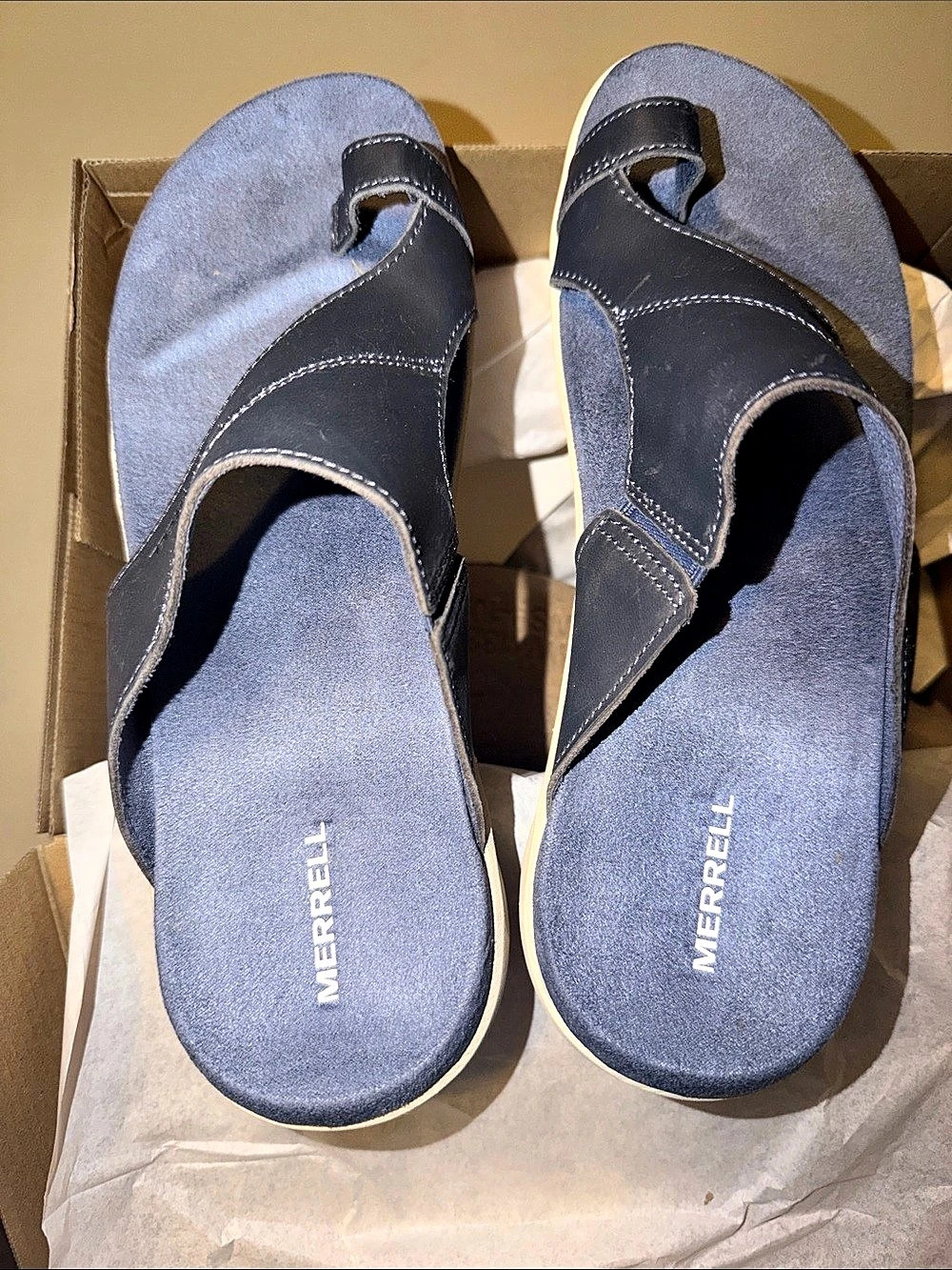 Merrell District 4 Luxe Leather-Like Slide Sandals Blue & Black US 10 NWT